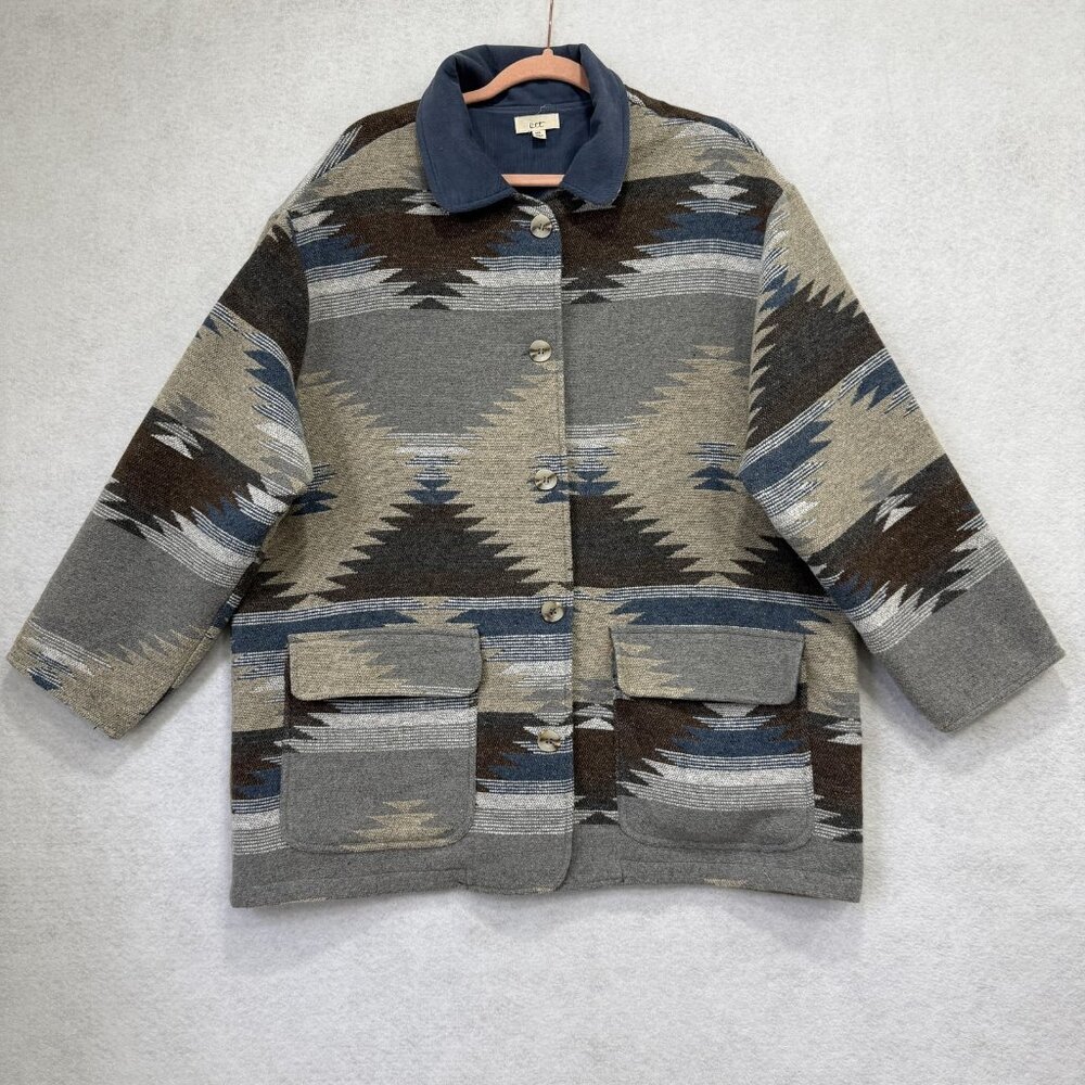 Ott Jacket Womens M/L Gray Brown Aztec Southwestern Shacket Corduroy Collar